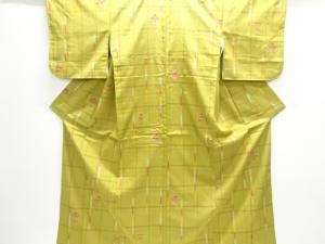 格子に花模様織り出し米沢紬着物